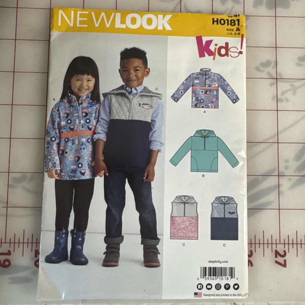 New Look H0181 Pullover Vest Hoodie Half-Zip Kids Sewing Pattern Size 3-8 Uncut